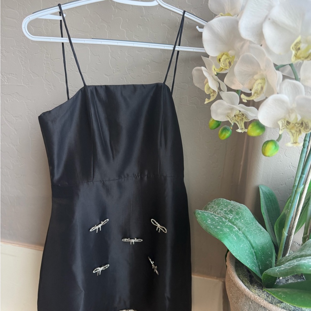 Black Satin Spaghetti Strap Mini Dress with Embellished Dragonflies